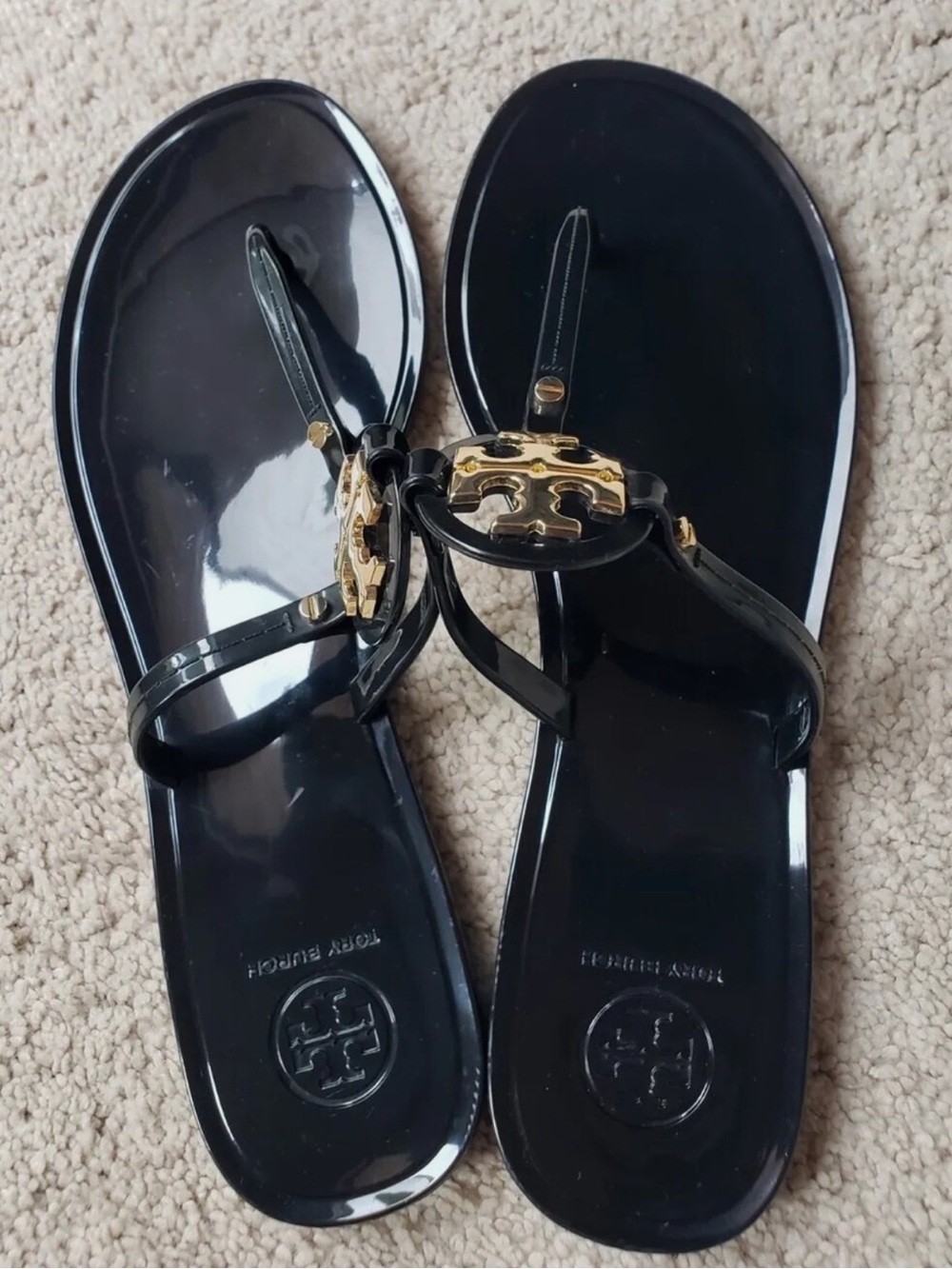 Tory Burch Black Jelly Thong Sandals with Gold Emblem
